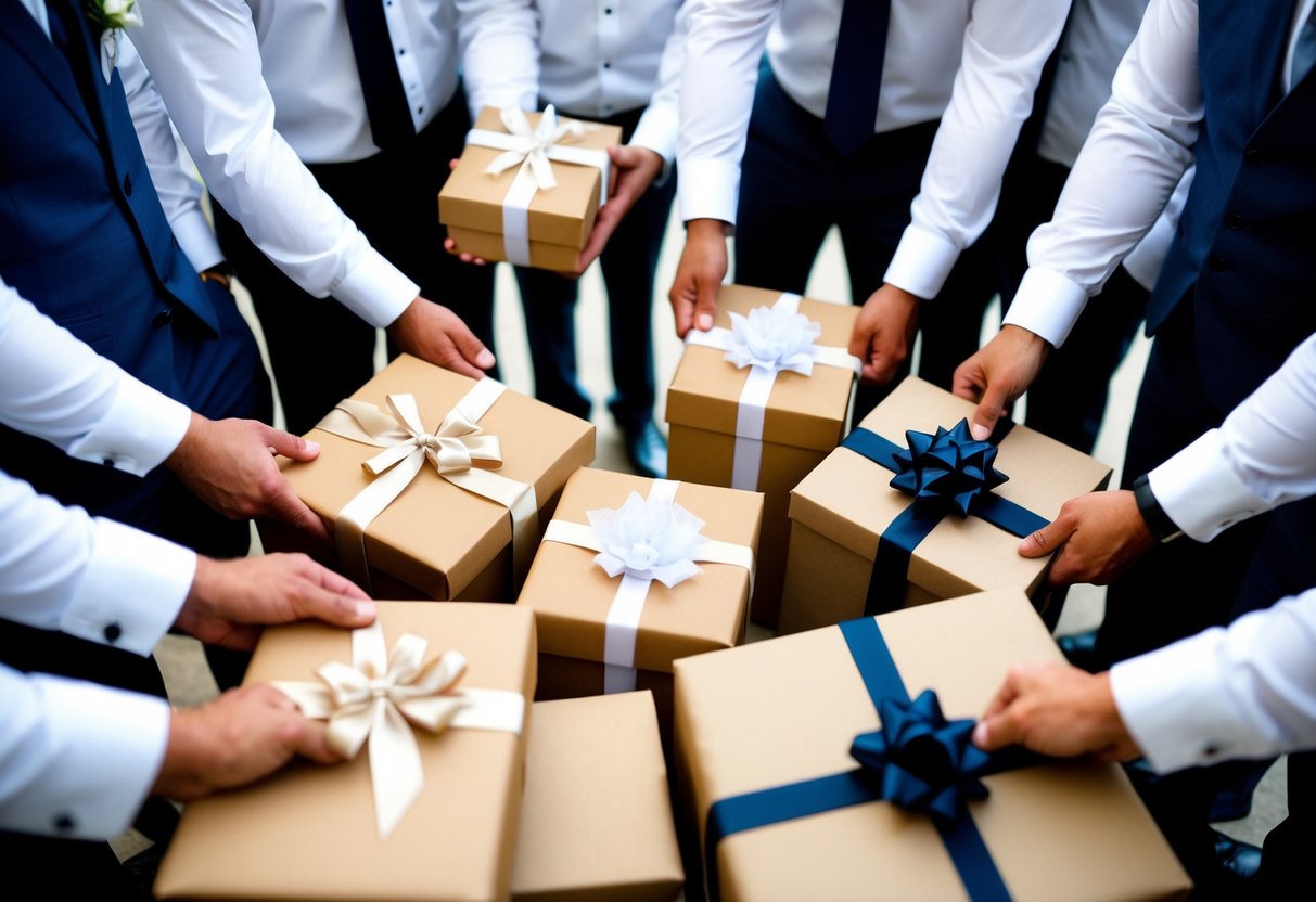A group of groomsmen standing in a circle, each holding a gift wrapped in elegant paper and tied with a bow. The gifts vary in size and shape, creating a sense of anticipation and excitement