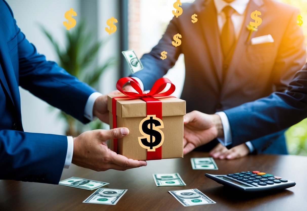 A groomsmen receiving a gift box with a budget-related symbol, surrounded by dollar signs and a calculator