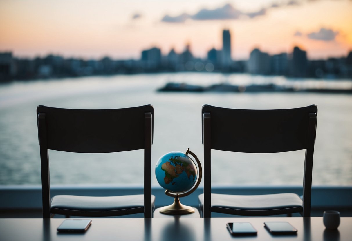 A couple's empty chairs facing each other, with a globe and two phones on the table