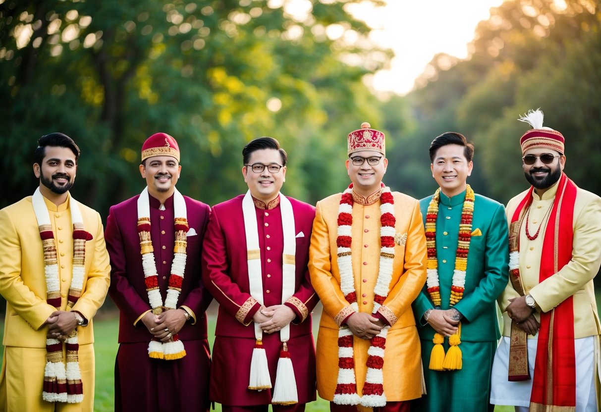 A group of figures in traditional attire stand together, representing different cultural variations of groomsmen