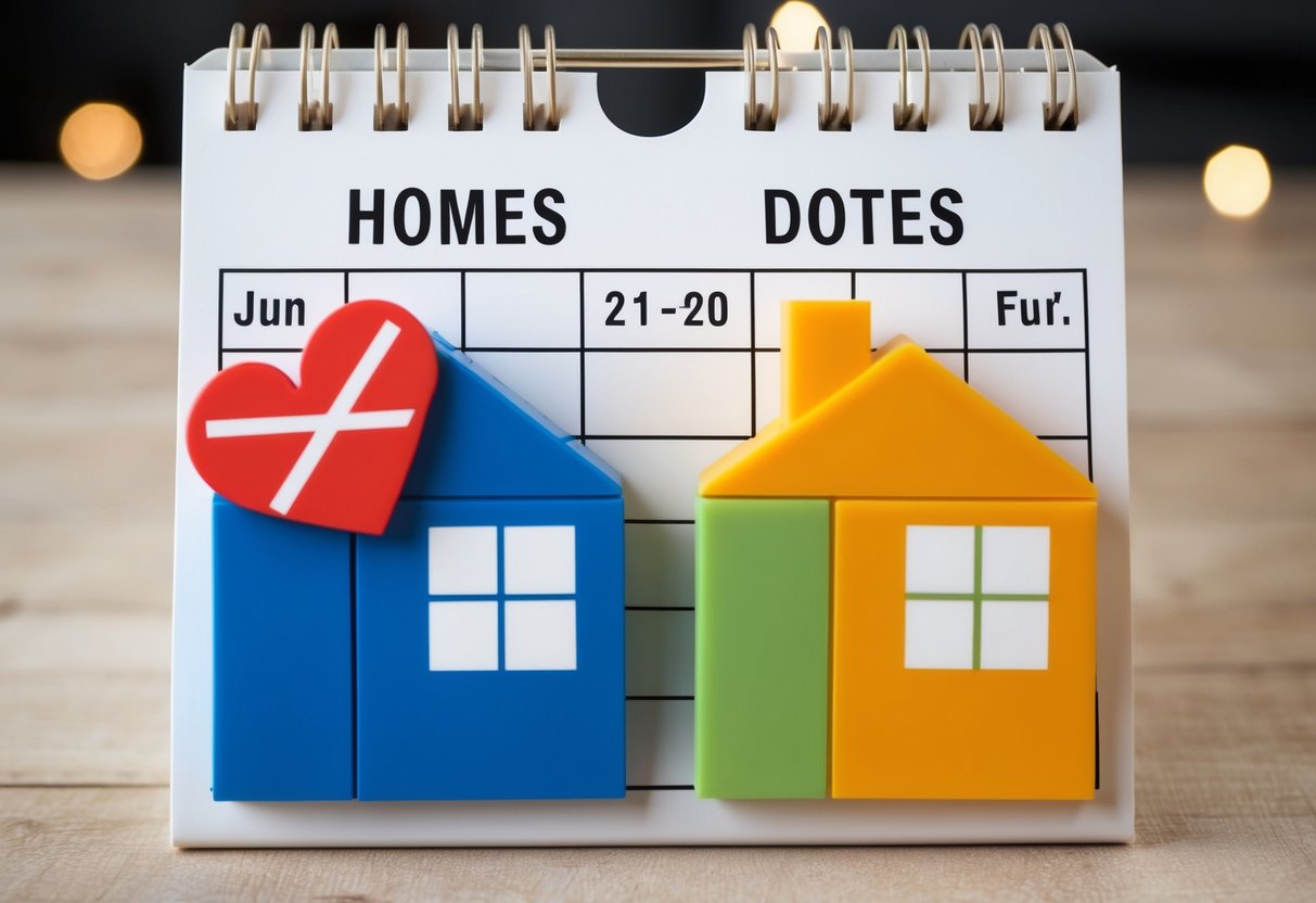 A calendar with dates crossed out, two homes in different cities, and a broken heart symbol