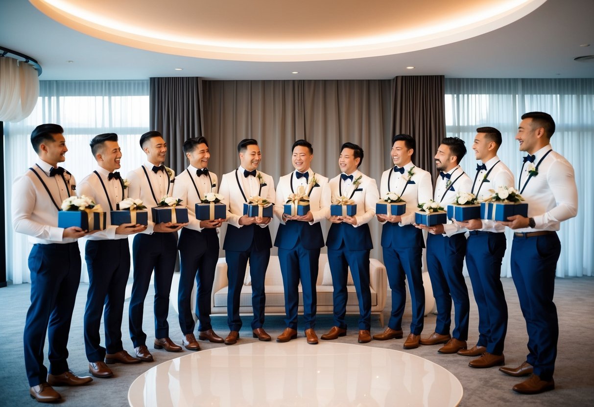 A group of groomsmen stand in a circle, each holding a thoughtful gift for the groom. The setting is a stylish, modern wedding venue with soft lighting and elegant decor