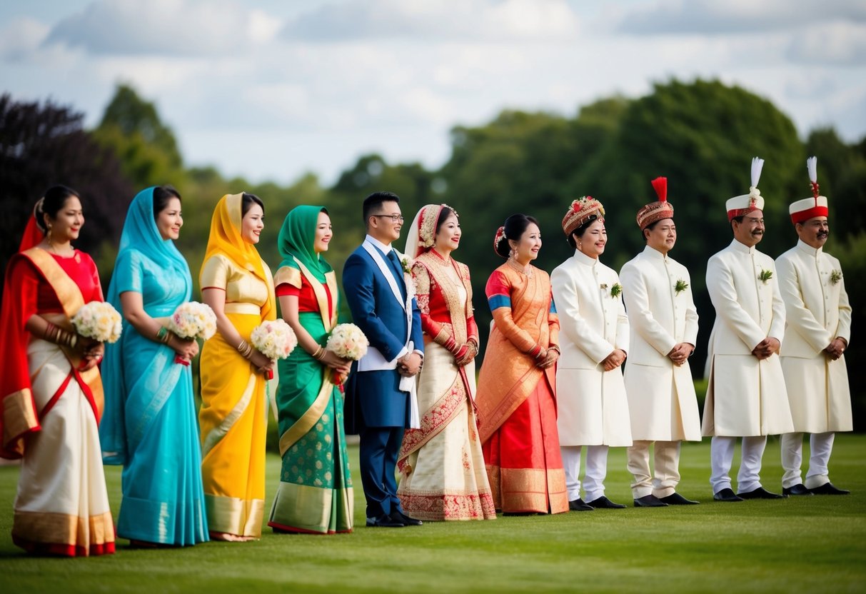 A line of figures in traditional wedding attire, representing different cultures, stand in a processional order with bridesmaids or groomsmen leading