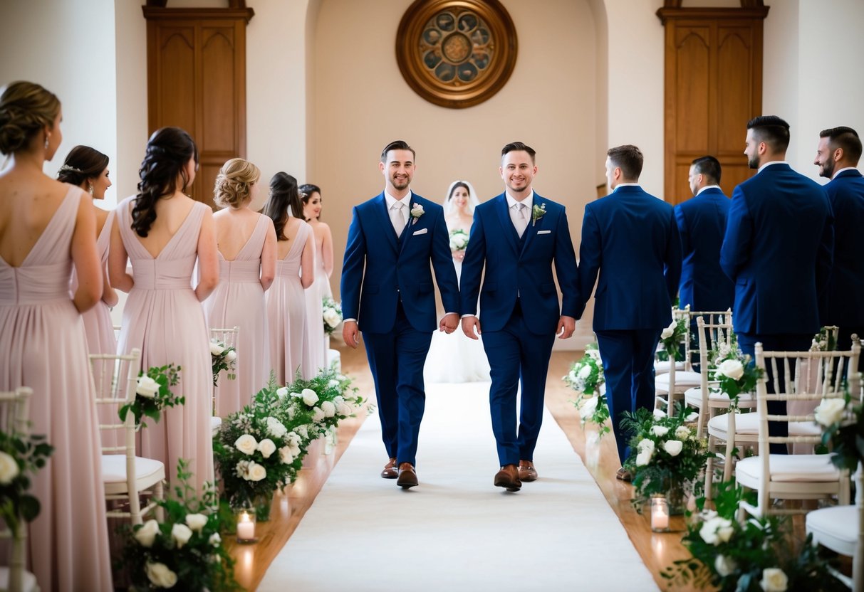 A line of bridesmaids and groomsmen walking in pairs down the aisle towards the altar