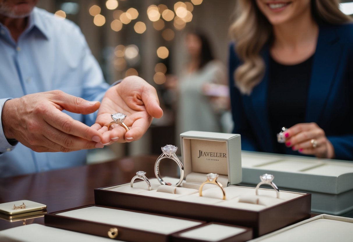 A jeweler presents a selection of wedding bands to a customer