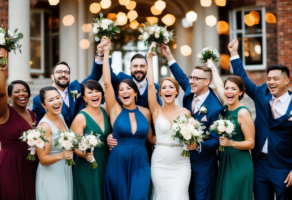 A group of diverse wedding attendants celebrate joyfully