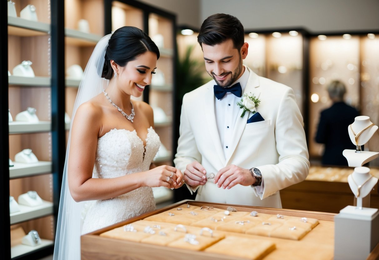 A bride and groom standing in a jewelry store, looking at a selection of rings