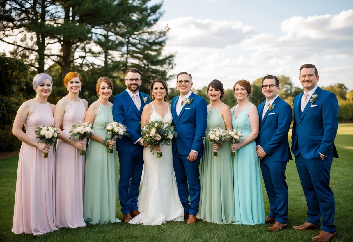 A group of non-binary individuals standing alongside the wedding couple, wearing attire that blends traditional bridesmaid and groomsmen styles