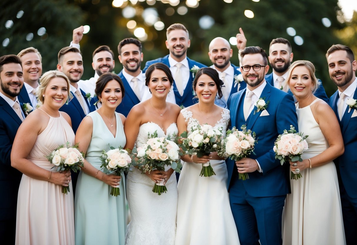 A group of individuals of various genders and expressions stand together in celebration, adorned in wedding attire and holding bouquets