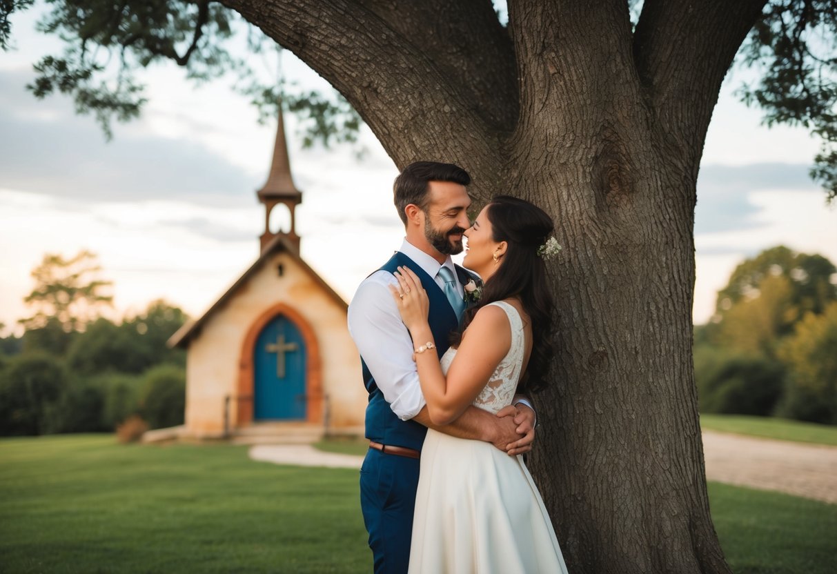 A man and woman embrace under a tree, exchanging rings as they stand in front of a small, rustic chapel