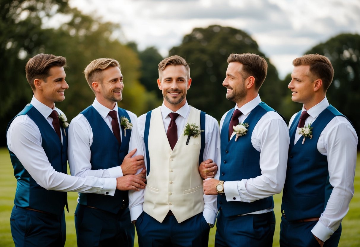 A group of men in formal attire stand beside the groom at an English wedding, supporting and assisting him