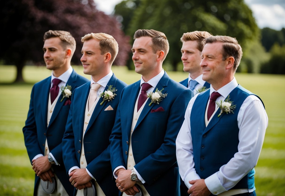 A group of men in formal attire stand beside the groom at an English wedding ceremony