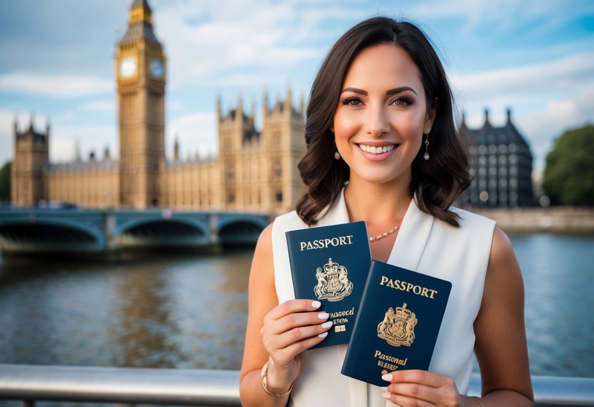 A woman holds a passport with her maiden name, standing in front of a UK landmark. She is smiling and looking excited as she plans her honeymoon trip