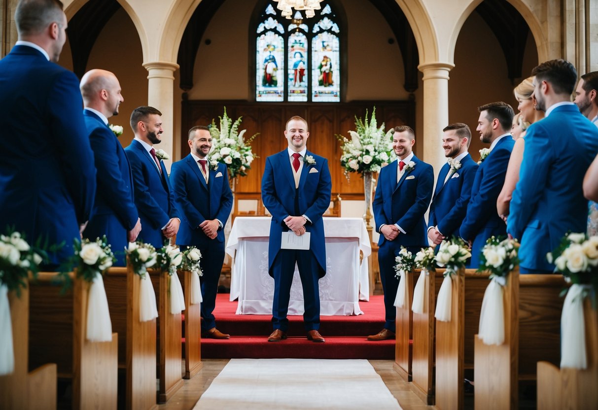 A traditional English wedding ceremony with groomsmen standing at the altar