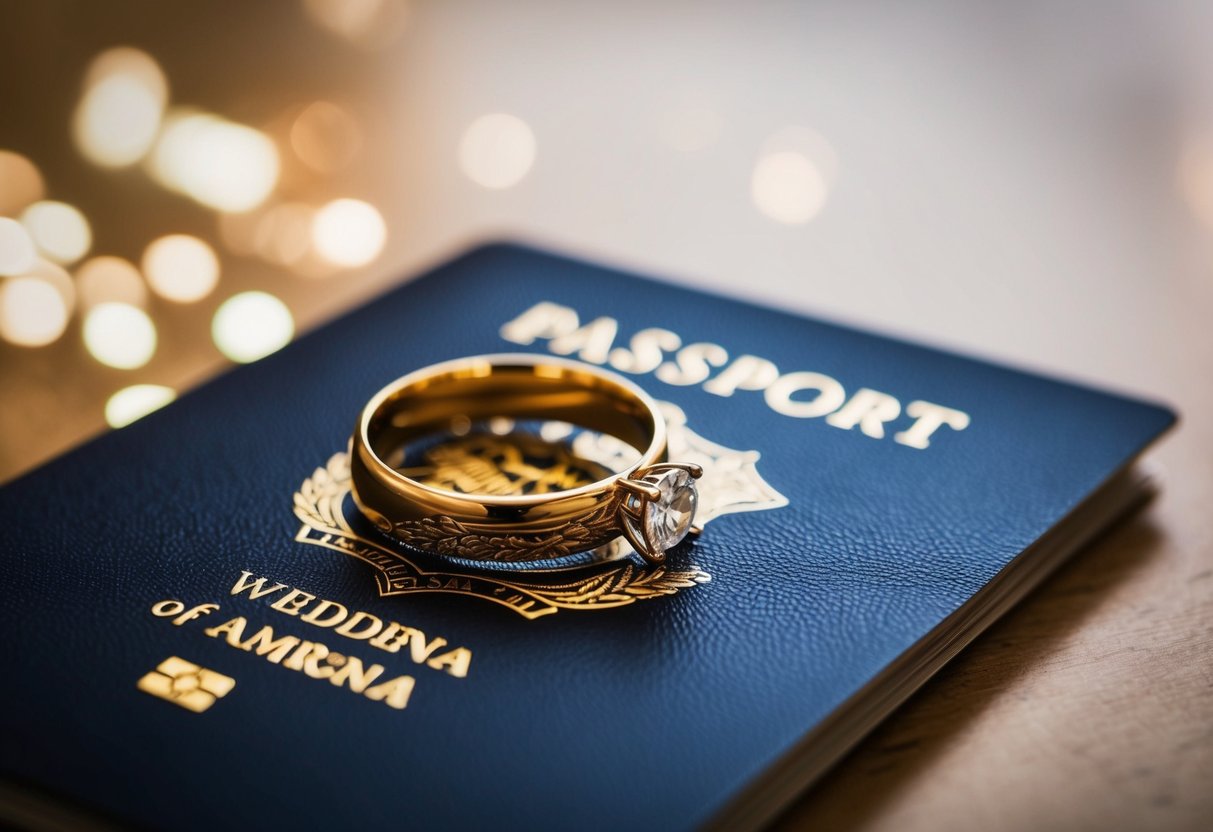 A passport with a maiden name and a wedding ring on a table
