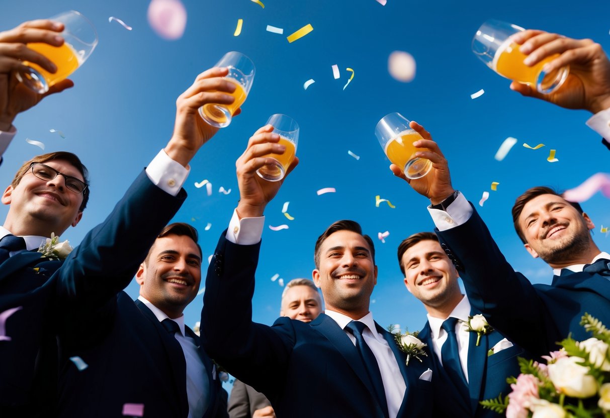 A group of men in formal attire raise their glasses in celebration, surrounded by flowers and confetti