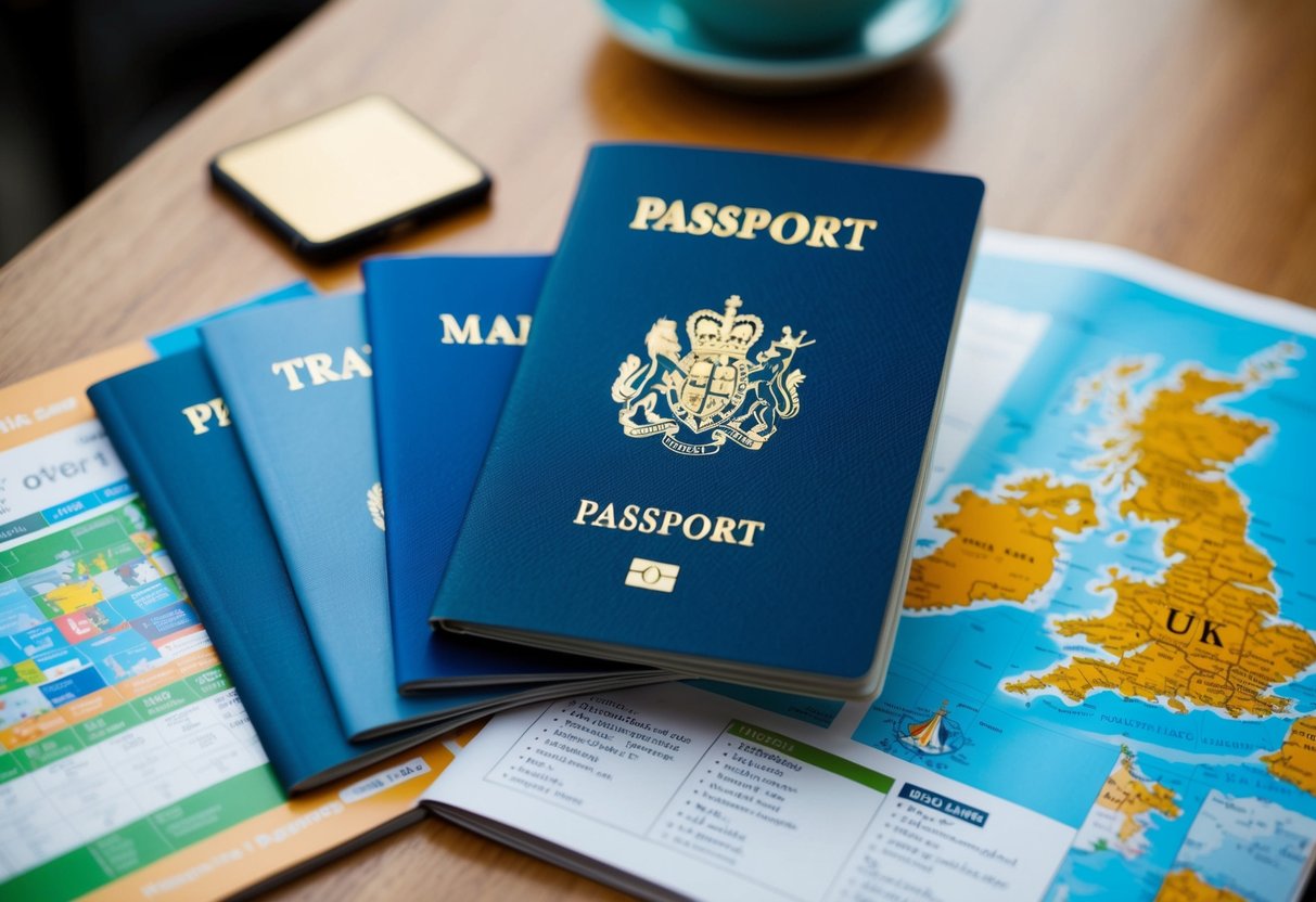 A passport with a maiden name lies open on a desk, surrounded by travel brochures and a map of the UK