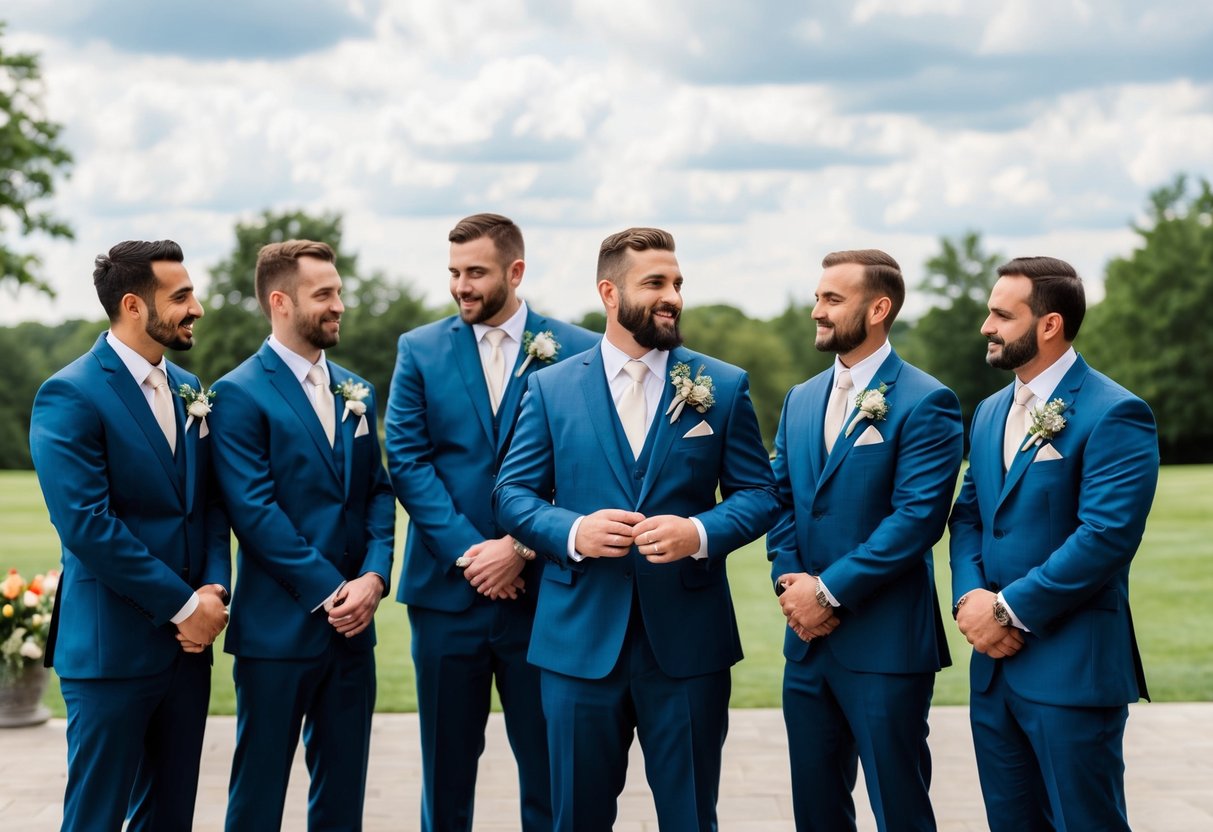 A group of groomsmen standing together in matching suits, holding boutonnieres, and helping the groom prepare for the wedding ceremony