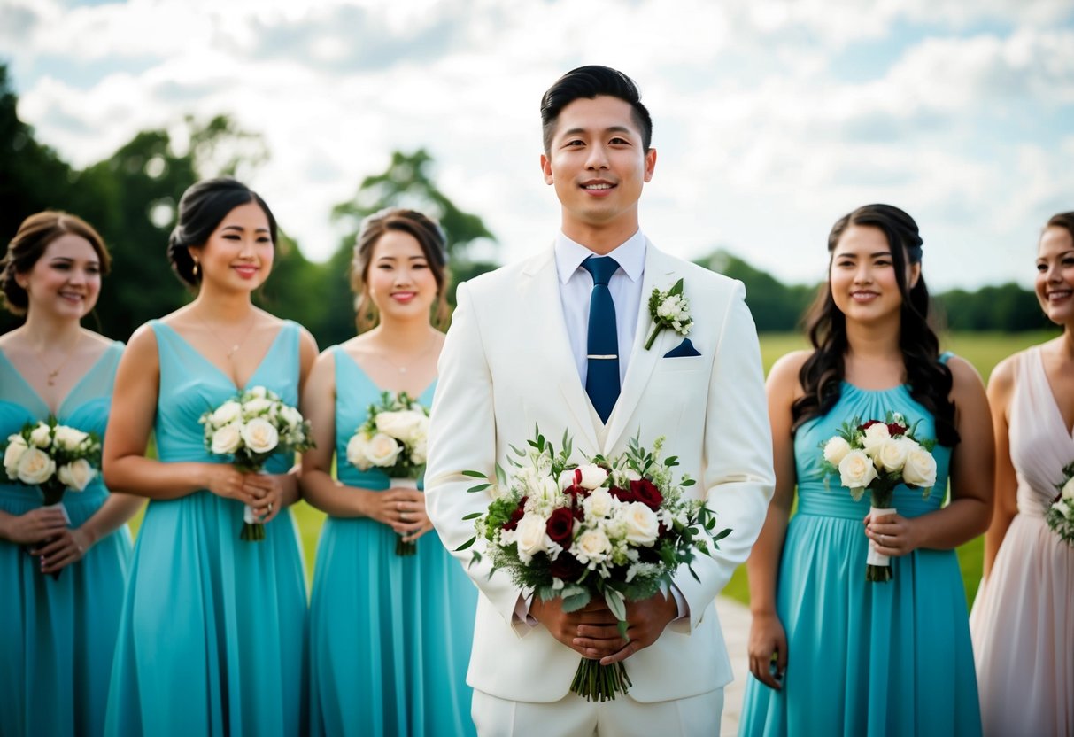 A male figure stands among bridesmaids, holding a bouquet