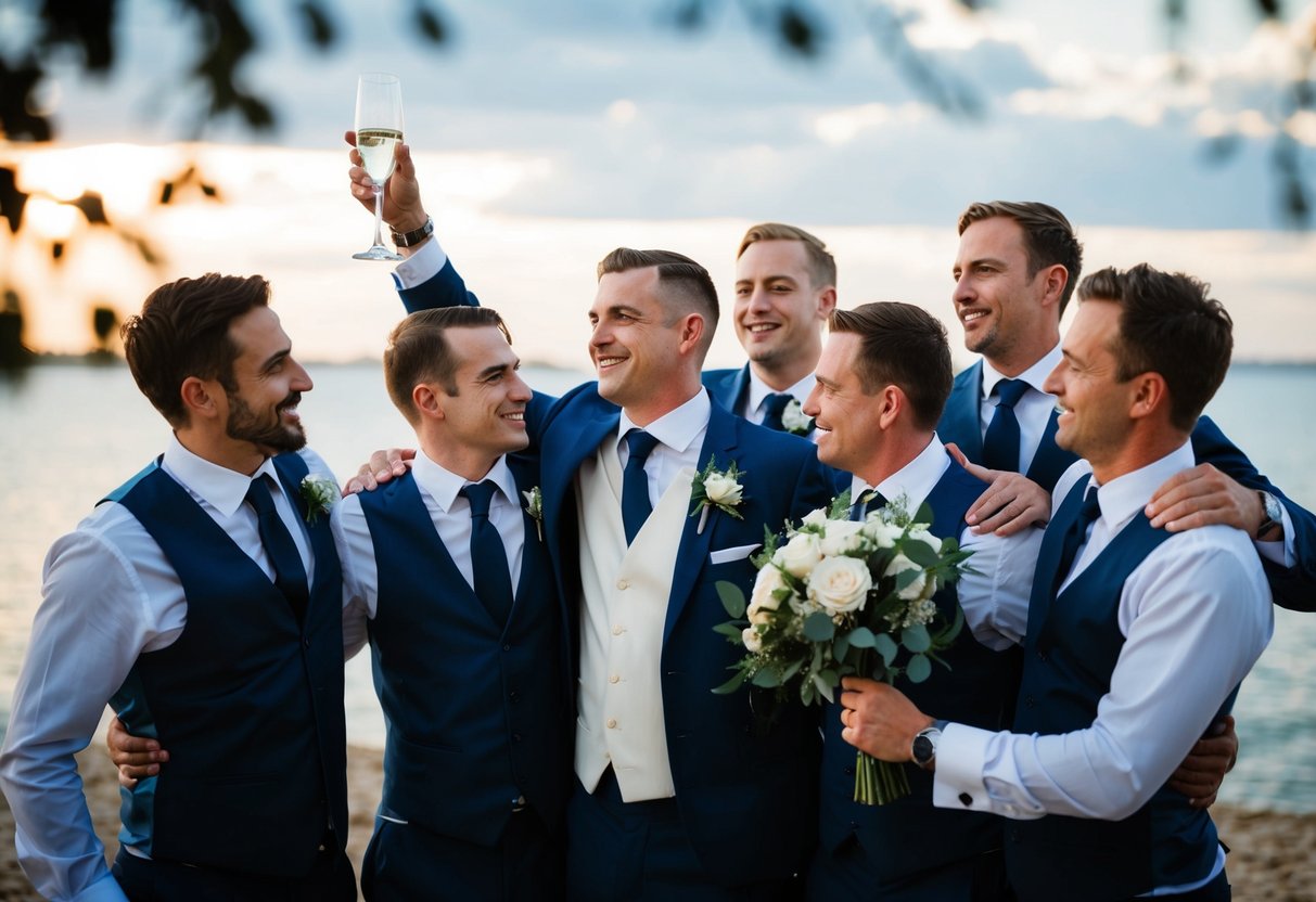 A group of men in formal attire stand together, one of them holding a bouquet. They appear to be celebrating at a wedding