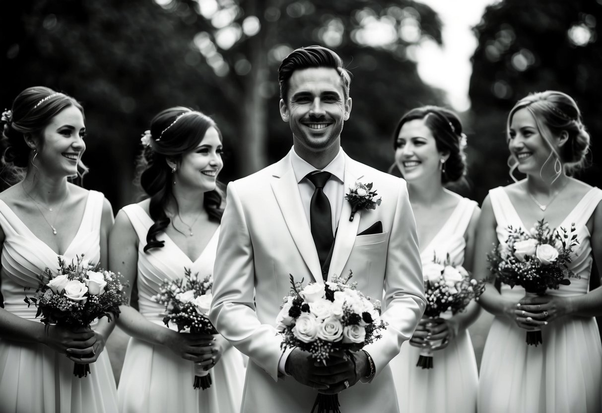 A male figure stands alongside bridesmaids, holding a bouquet and wearing a matching outfit. He smiles as he participates in wedding preparations