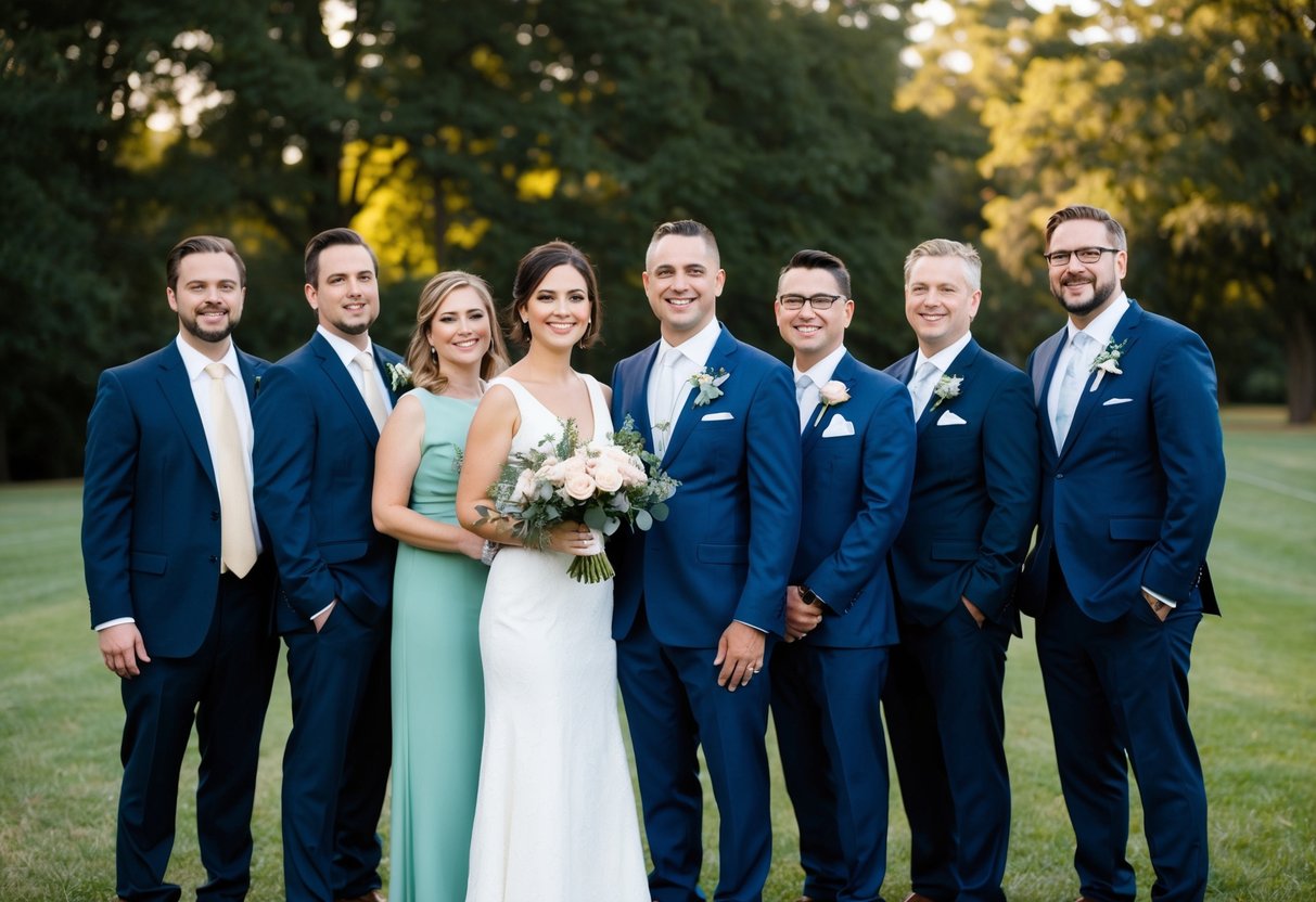 A group of individuals standing together, some holding bouquets or wearing boutonnieres, in formal attire
