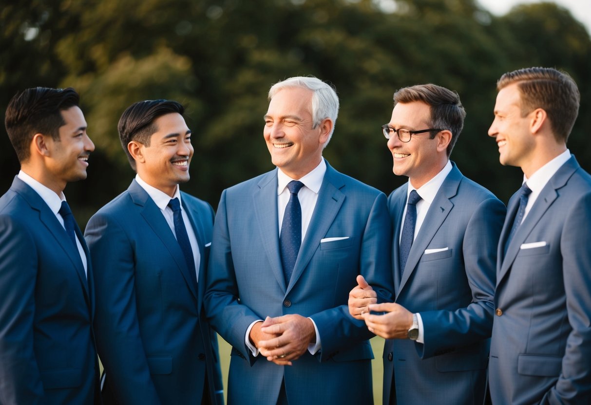 A group of men in matching suits stand together, one slightly older than the others, all smiling and chatting