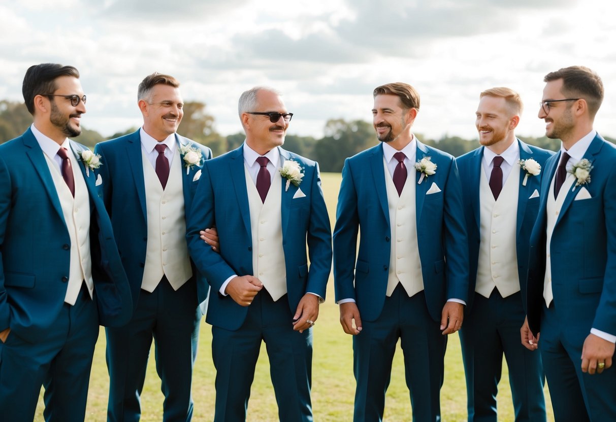 A group of groomsmen standing together, wearing matching suits and boutonnieres, with one of them appearing older and distinguished