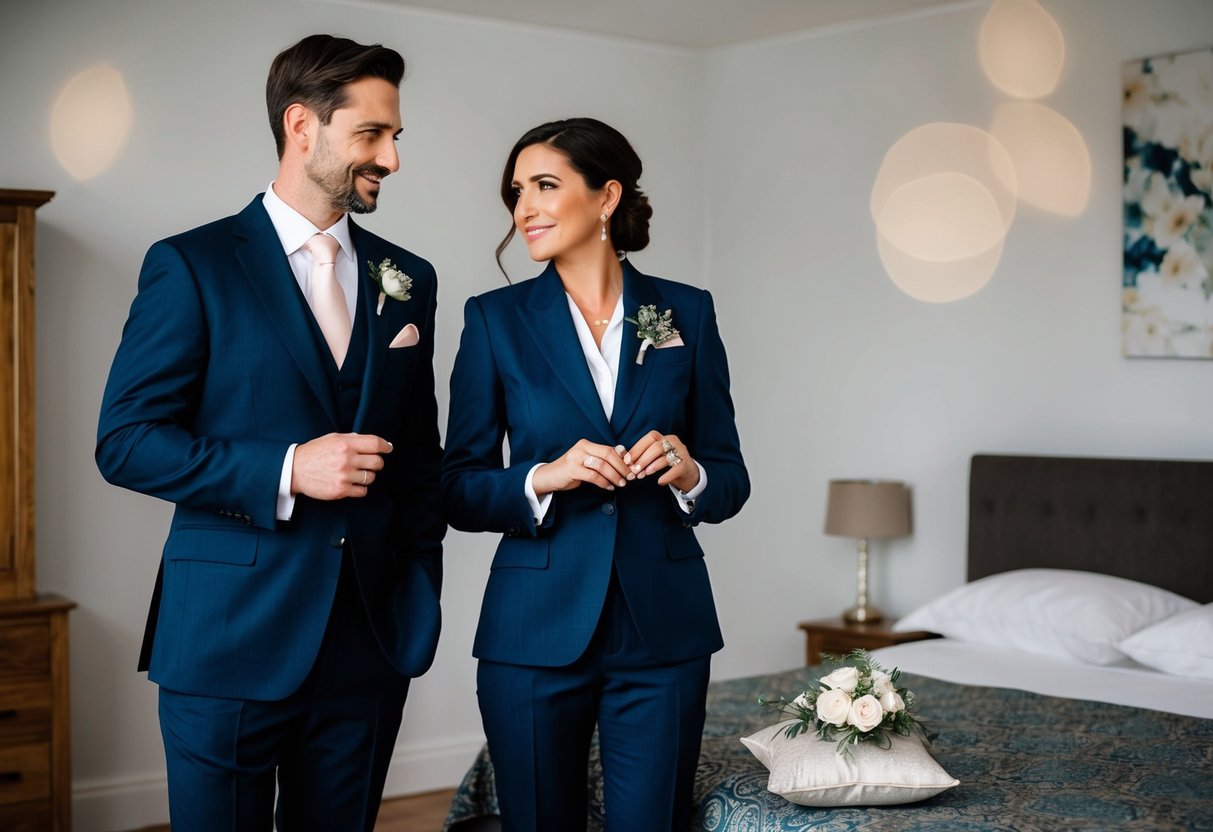 A woman in a tailored suit stands next to the groom, holding the wedding rings on a decorative pillow. She exudes confidence and support