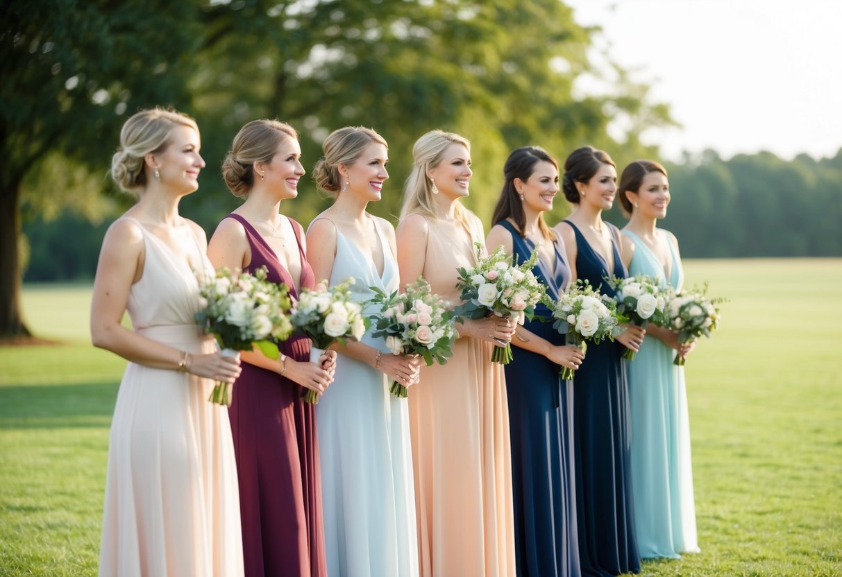 A group of women standing in a line, one slightly taller and holding a bouquet