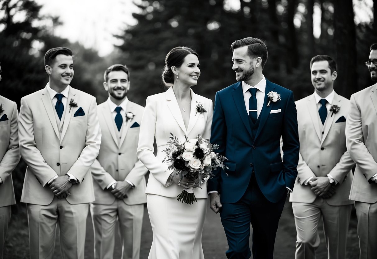 A woman in a tailored suit stands beside the groom, holding a bouquet. She is surrounded by the other groomsmen, all in matching attire