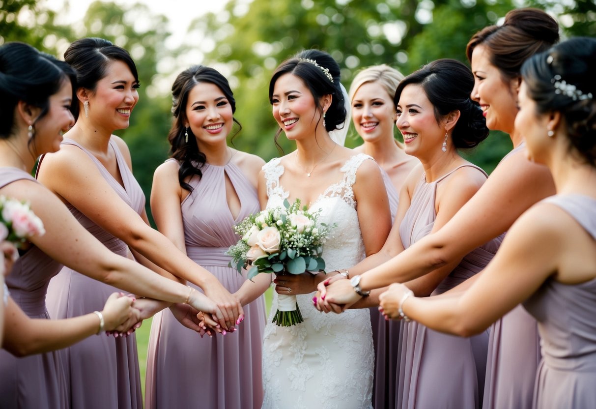 A group of bridesmaids gather in a circle, holding hands and smiling as they close out their tasks. The chief bridesmaid stands out with a bouquet in hand, receiving appreciation from the others