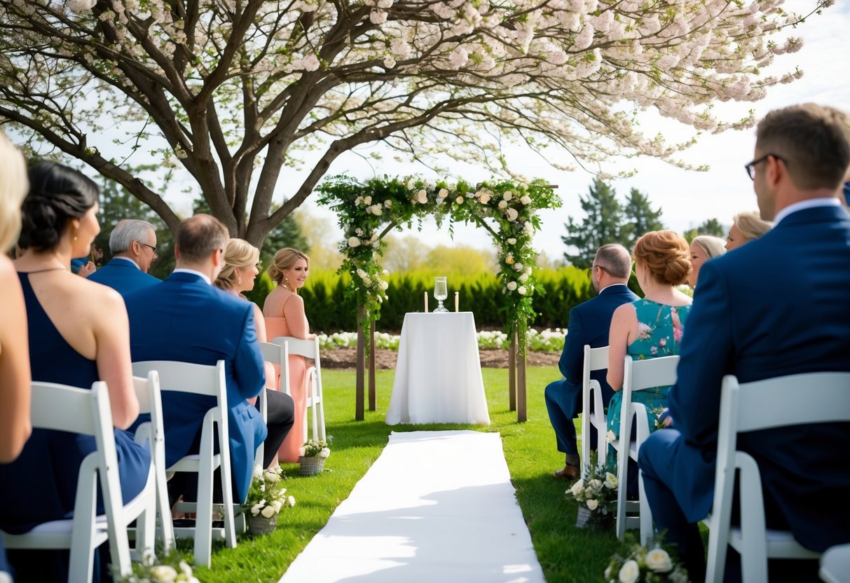 A small outdoor wedding under a blooming tree with a simple altar and a few chairs for guests