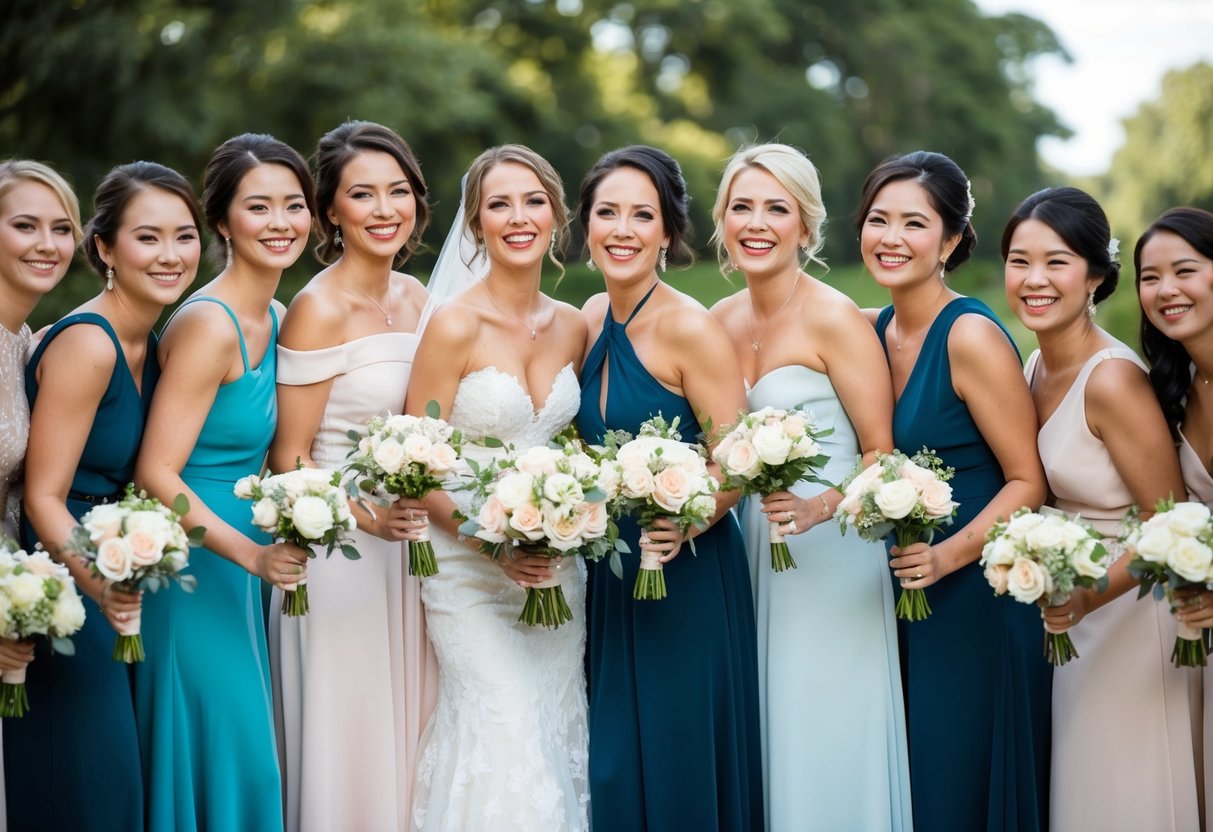 A group of elegantly dressed women stand together, holding bouquets and smiling. They exude joy and camaraderie as they celebrate the bride's special day