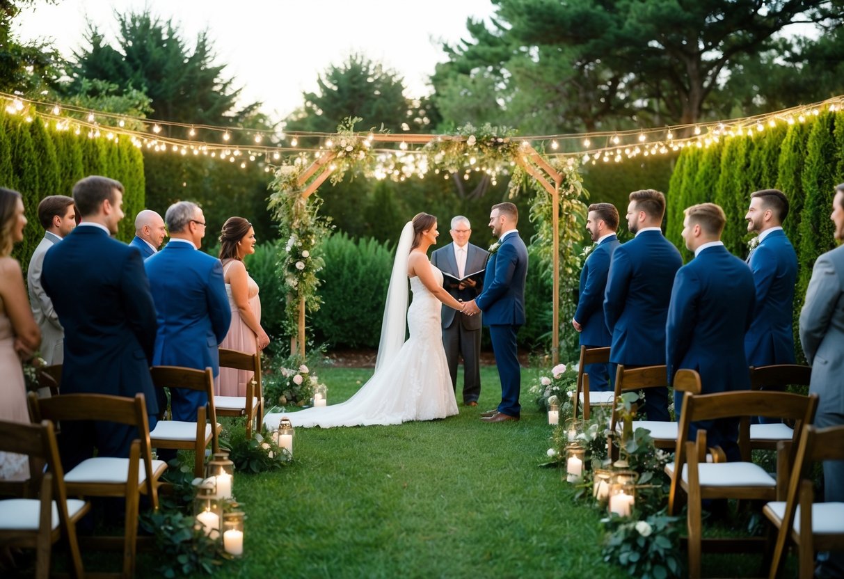 A cozy backyard ceremony with a simple arch, a few chairs, and a small table for the couple, surrounded by twinkling lights and lush greenery