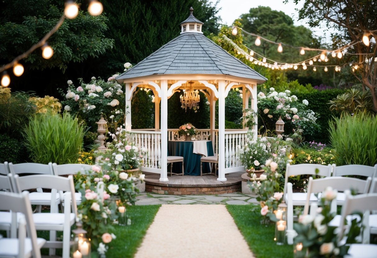 A cozy garden with a charming gazebo, surrounded by blooming flowers and twinkling lights, set for an intimate wedding ceremony