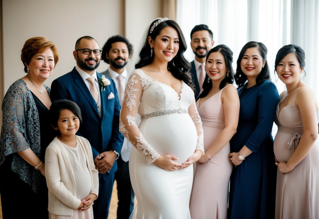 A pregnant bride standing confidently in a beautiful wedding gown, surrounded by supportive friends and family members