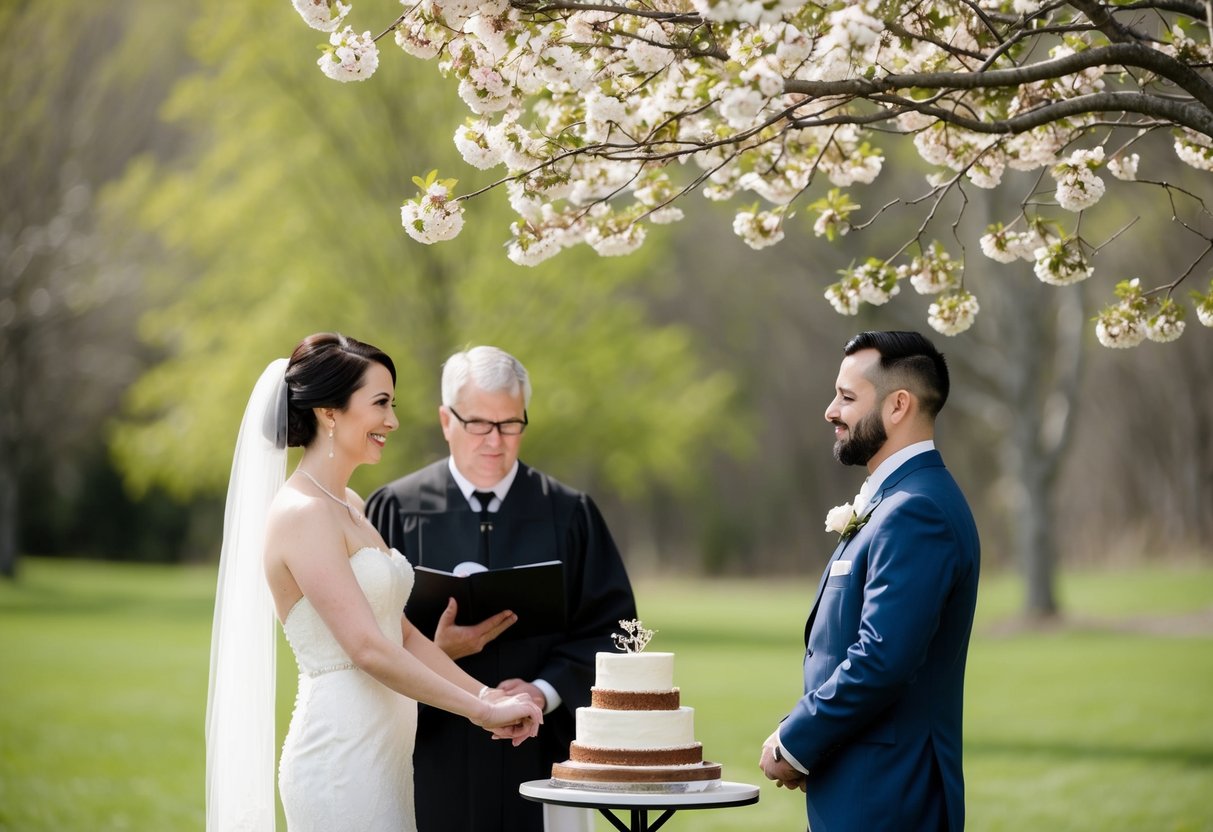 A simple outdoor ceremony with just a bride, groom, and officiant under a blooming tree. A small table holds a single-tiered wedding cake
