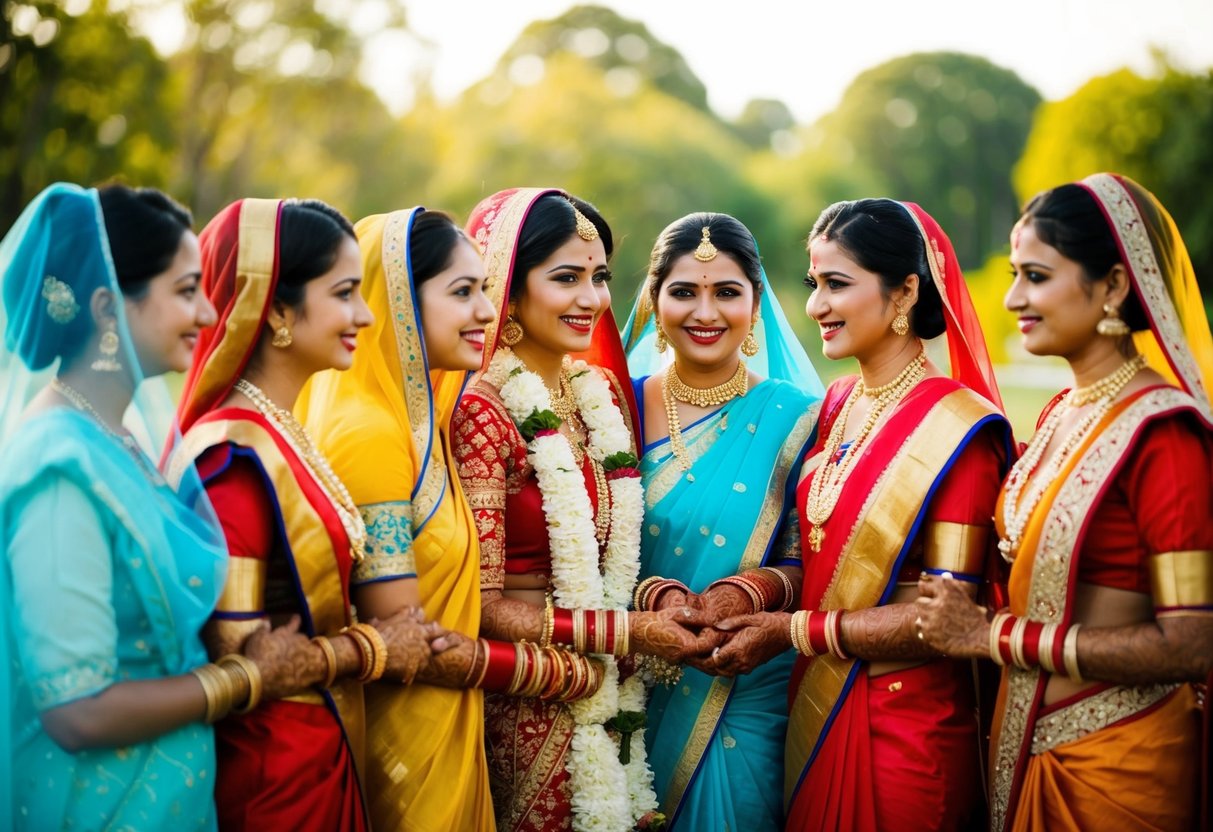 A group of unmarried women in traditional attire stand beside a bride, sharing cultural and personal influences