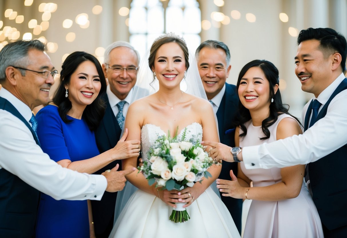 A glowing bride in a white gown surrounded by loving family and friends, with supportive gestures and smiles