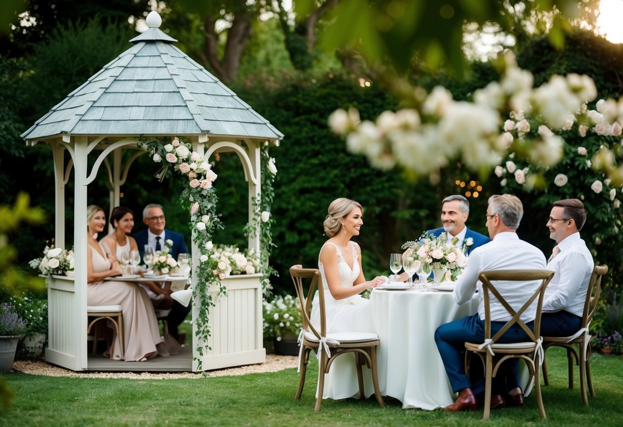 A cozy garden with a small gazebo adorned with flowers, surrounded by a few close family and friends, with a simple yet elegant table setting for an intimate wedding celebration