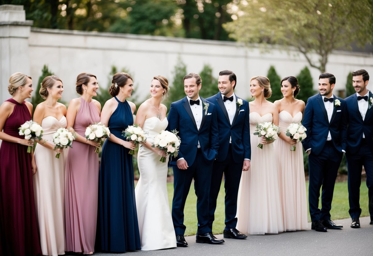 A group of bridesmaids and groomsmen stand in a line, with more bridesmaids than groomsmen. They are dressed in elegant wedding attire and are smiling and chatting with each other