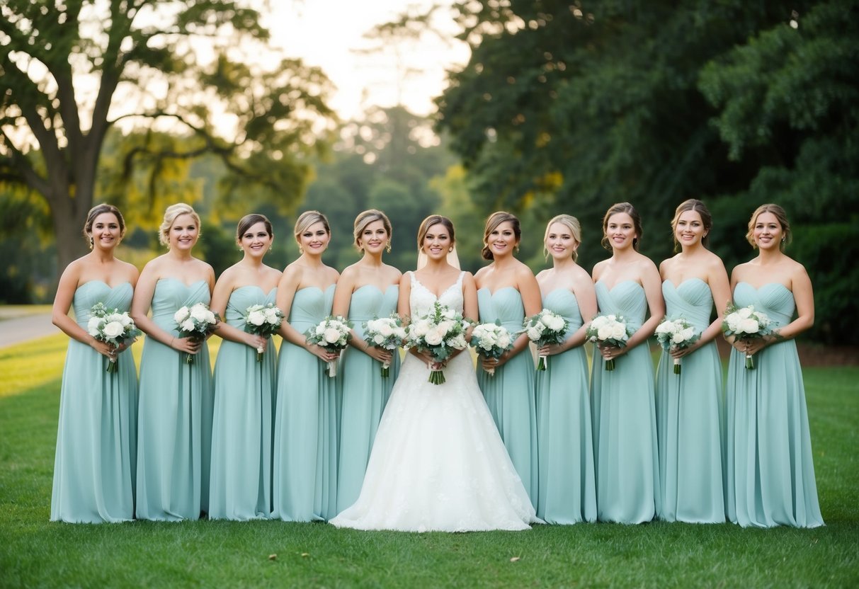 A group of bridesmaids in elegant dresses standing together, with more bridesmaids than groomsmen, creating a visually balanced composition