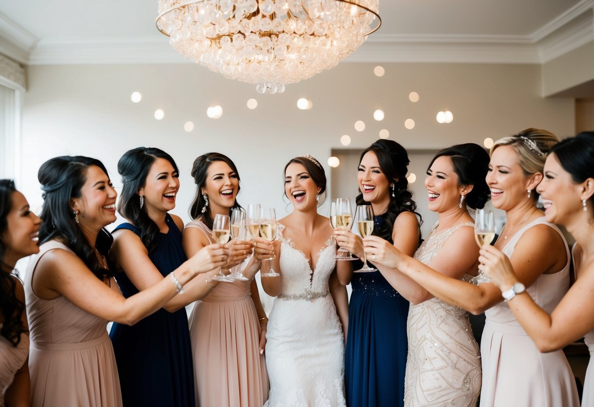A group of women in elegant dresses toast to the bride-to-be, celebrating with laughter and joy