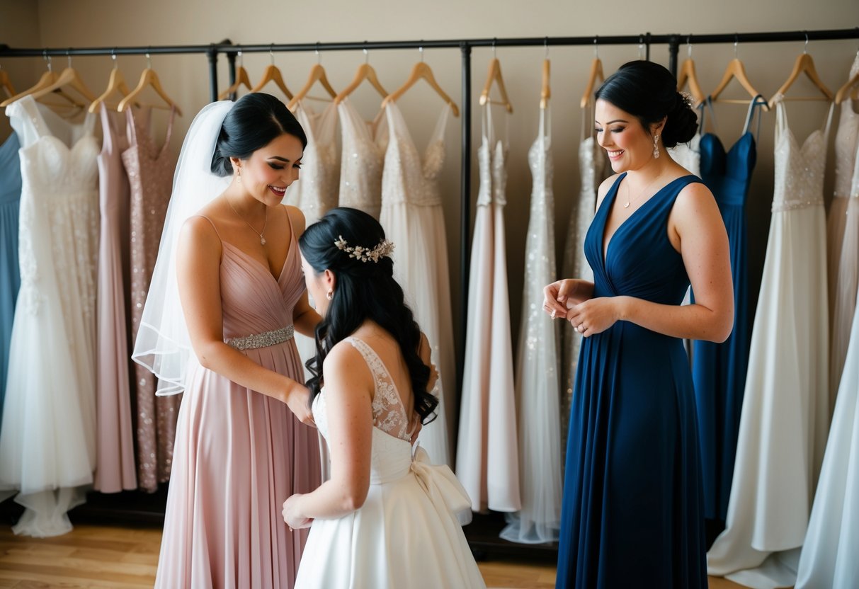 A woman in a flowing dress helps another woman into a bridesmaid gown, surrounded by racks of elegant wedding attire