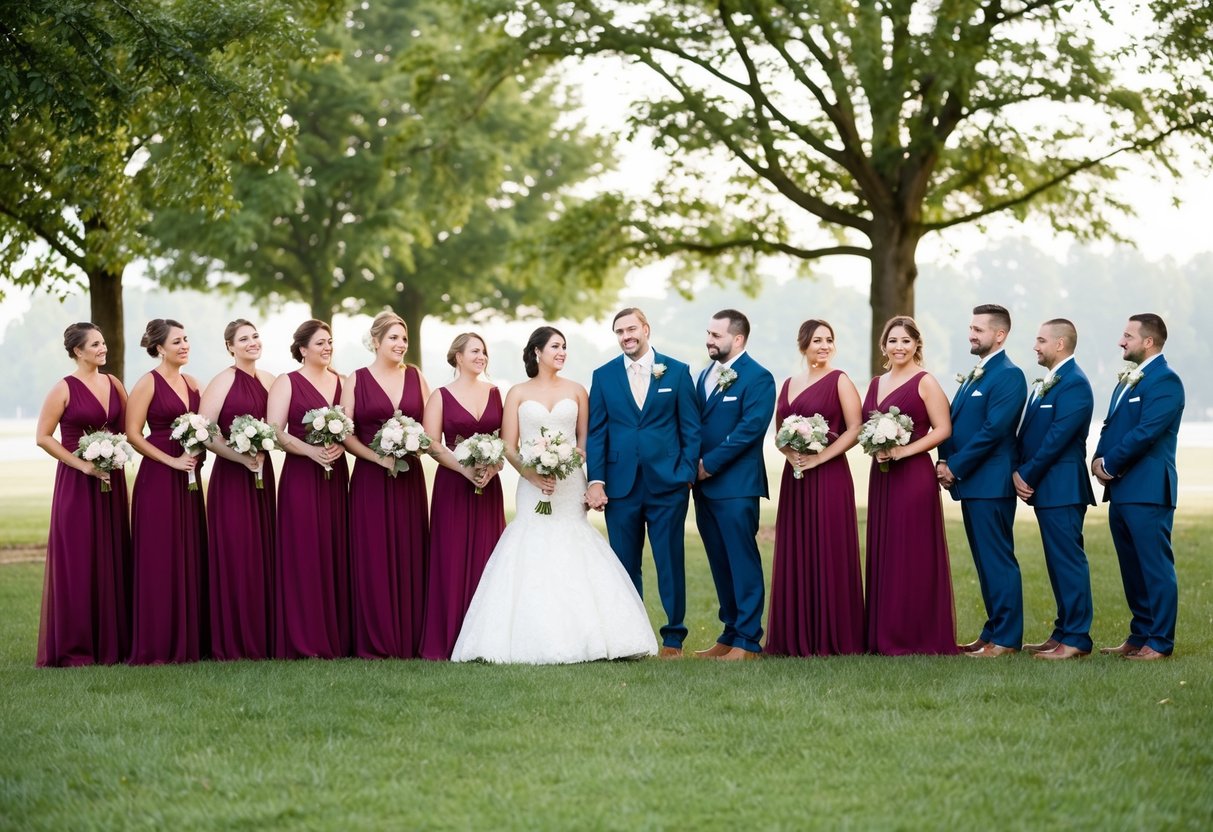 A group of bridesmaids and groomsmen stand in a line, with more bridesmaids than groomsmen. They are arranged in a balanced and aesthetically pleasing formation