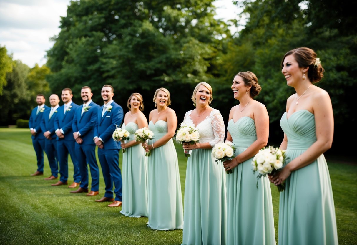 A group of bridesmaids stand in a line, while a smaller group of groomsmen stand off to the side. The bridesmaids are chatting and laughing, while the groomsmen look slightly outnumbered