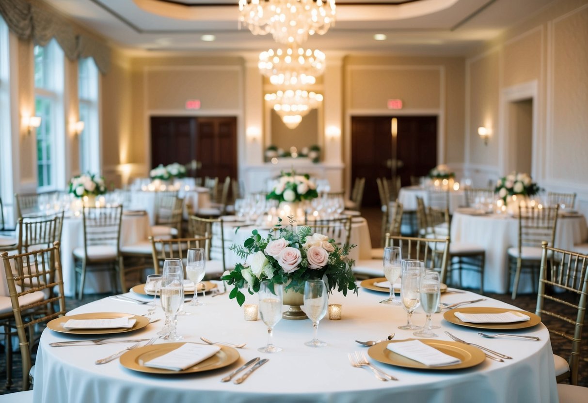 A beautifully decorated reception hall with tables set for 40 guests, floral centerpieces, and elegant place settings