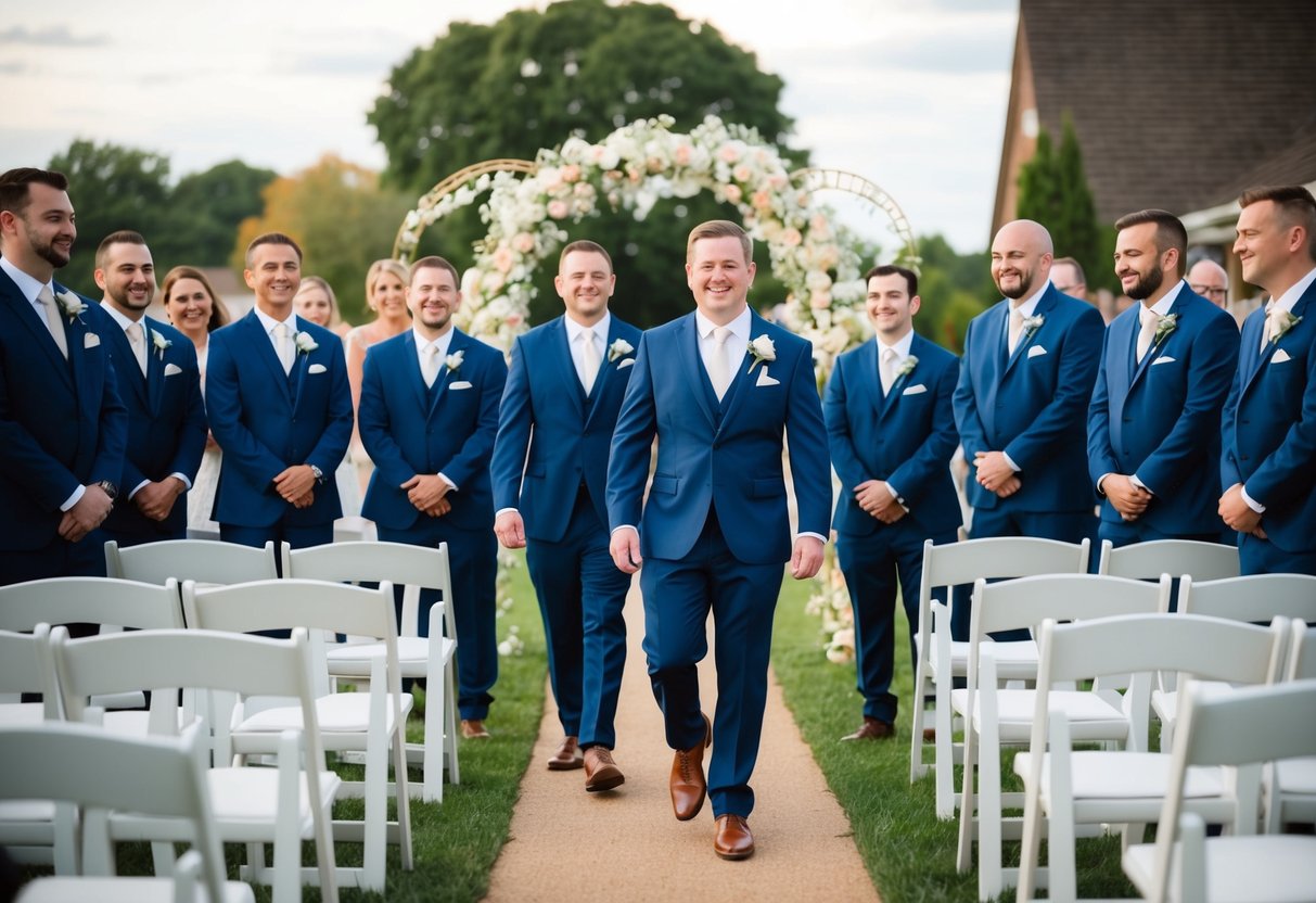 Groomsmen walk down the aisle, accompanied by the melodic sounds of wedding music filling the air