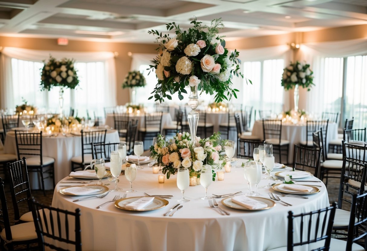 A beautifully decorated wedding reception venue with tables set for 40 guests, adorned with floral centerpieces and elegant place settings